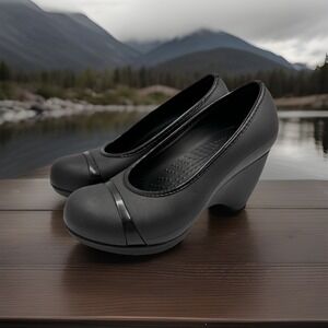 Crocs Heels Lena Casual Slip On Comfort Wedge Heel Pumps Black Rubber Womens 8
